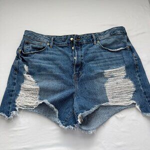 Good American Distressed Denim Shorts High Rise Blue Frayed Raw Hem Size 16